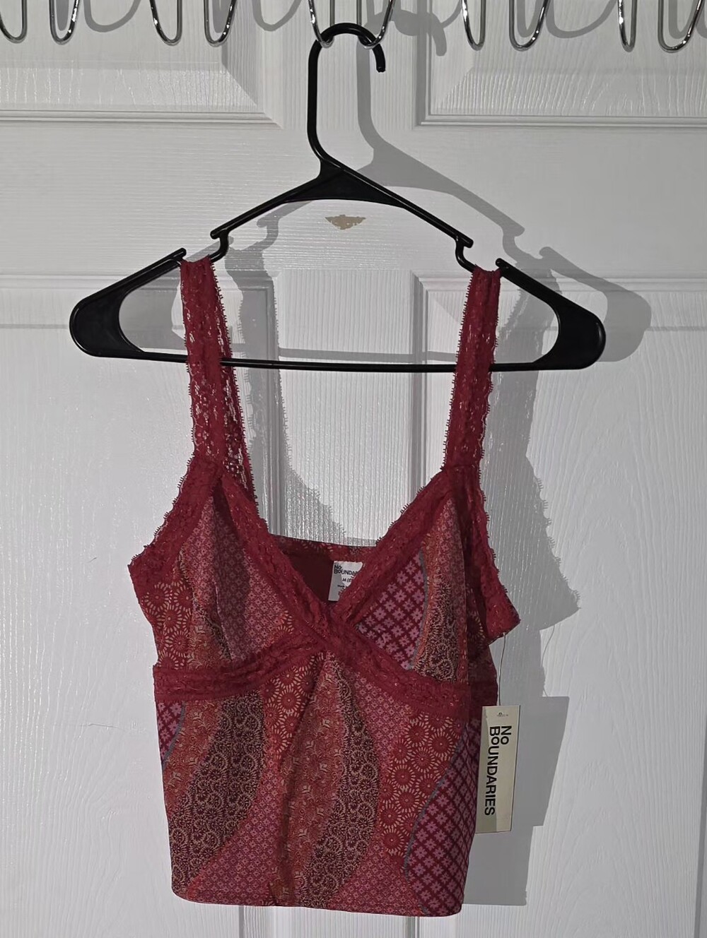 No Boundaries Crimson Red Patterned Lace-Trim Crop Tank